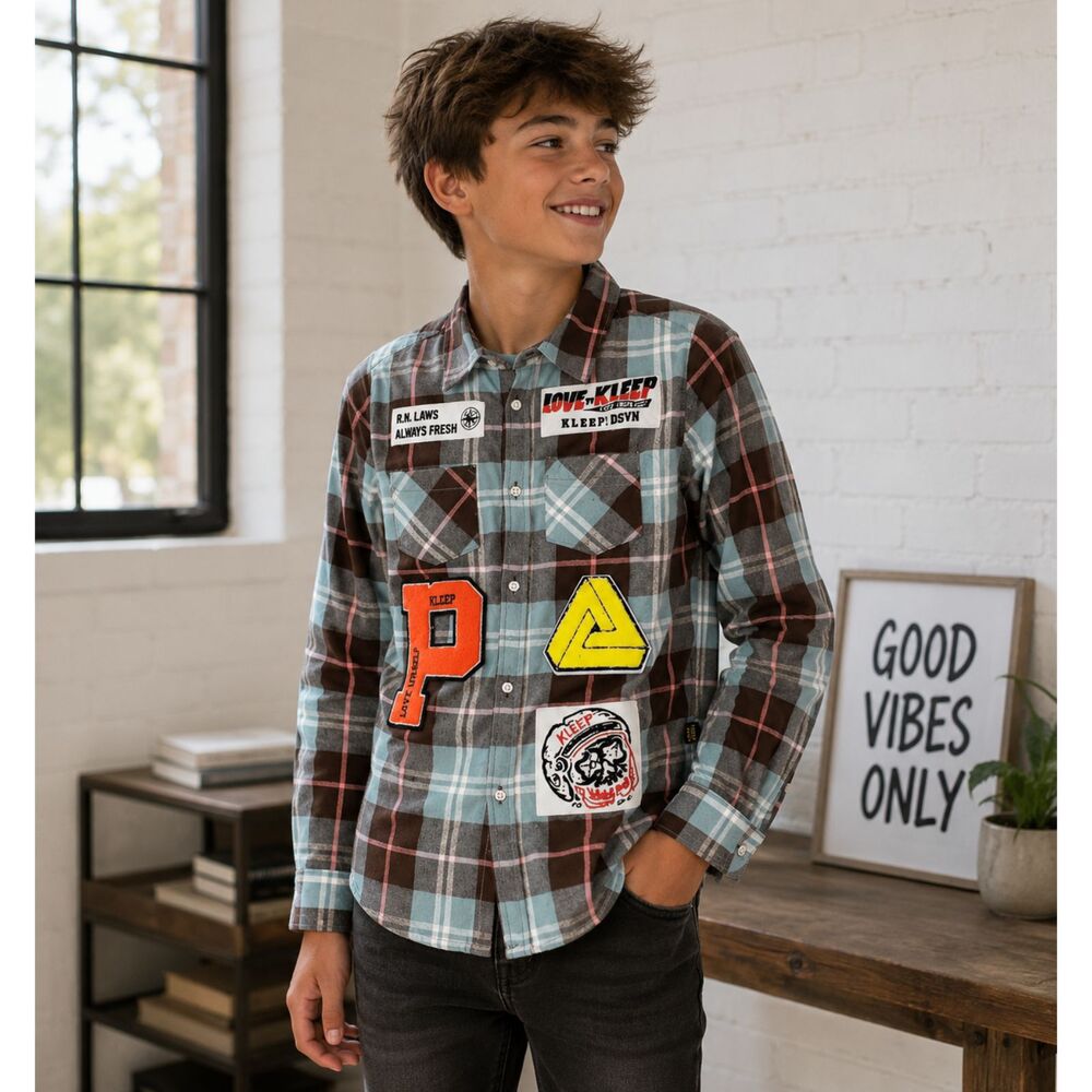 Kleep Youth "Love To Kleep" Soft Patch Flannel Button Down Shirt Boy's 13-14